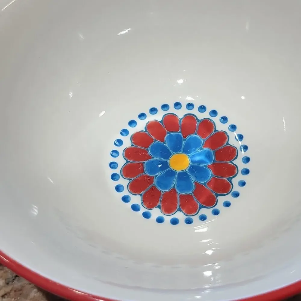 Pier 1 Floral Ceramic Bowls with Red and Blue Accents (Set Of 2)